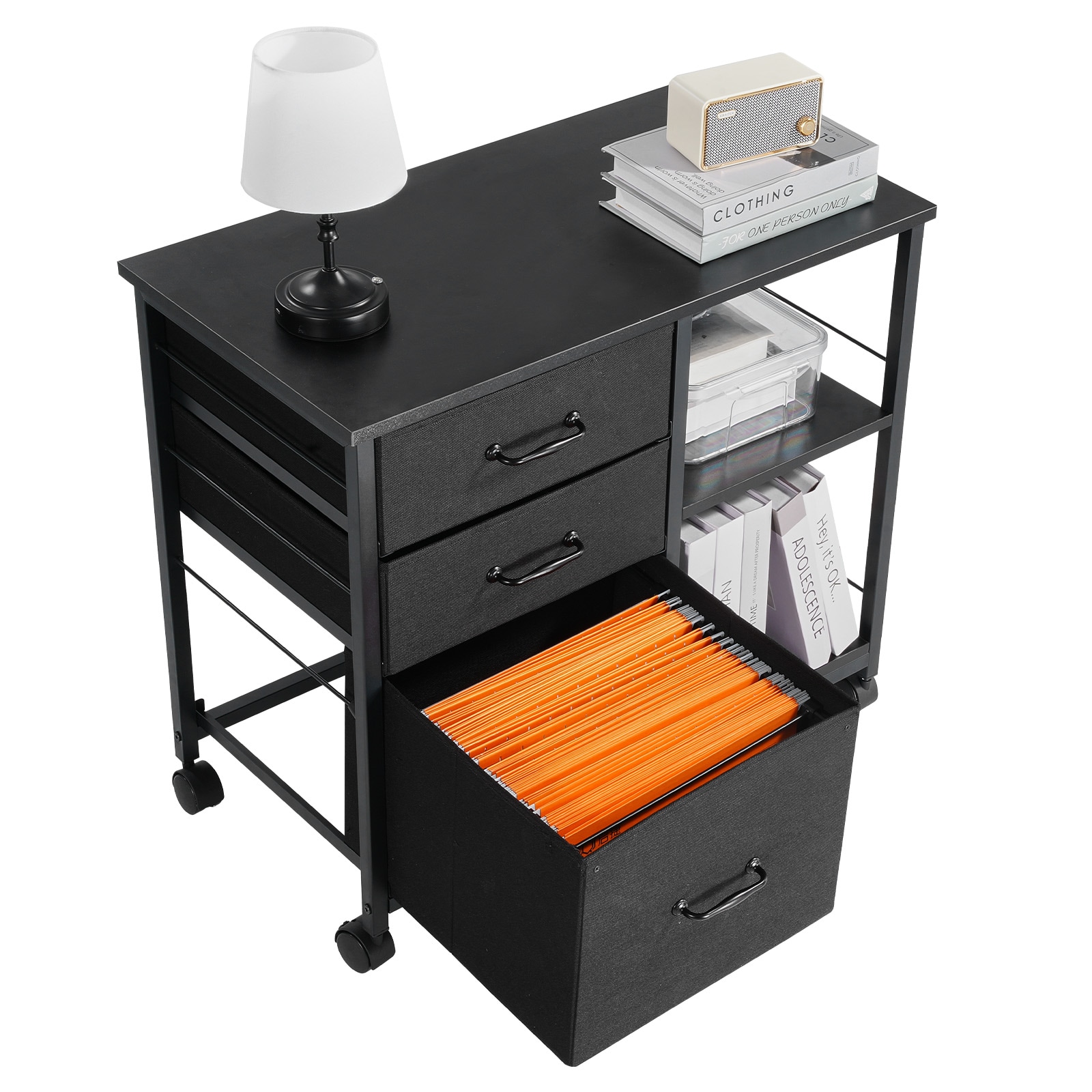 Mobile Metal File Cabinet With 3 Fabric Drawers And 2 Open Shelves Black_maomaolike.com